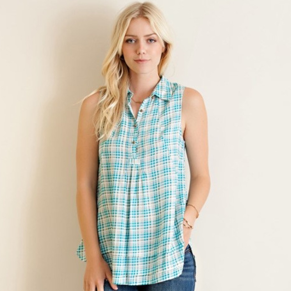 *CLEARANCE* Plaid Sleeveless Collared Babydoll Top